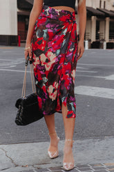Red Floral Wrap Midi Skirt